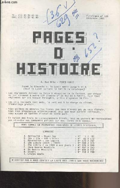 Pages d'histoire - Catalogue n103 Dcembre 1993