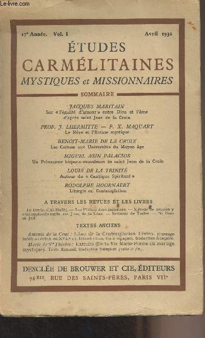 Etudes carmlitaines, mystiques et missionnaires - 17e anne, vol. I - Avril 1932 - Jacques Maritain : Sur 