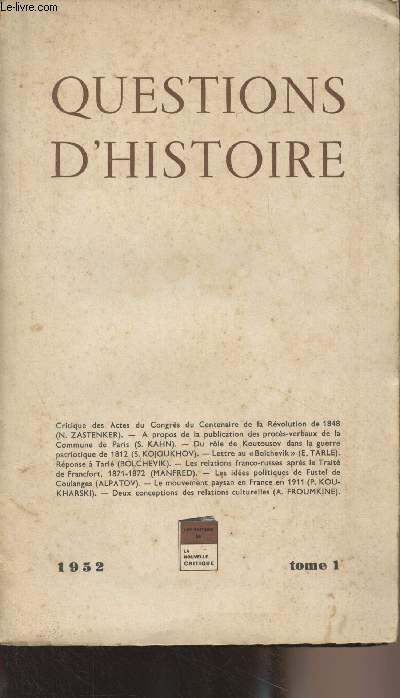 Questions d'histoire - Tome 1 - 1952 -