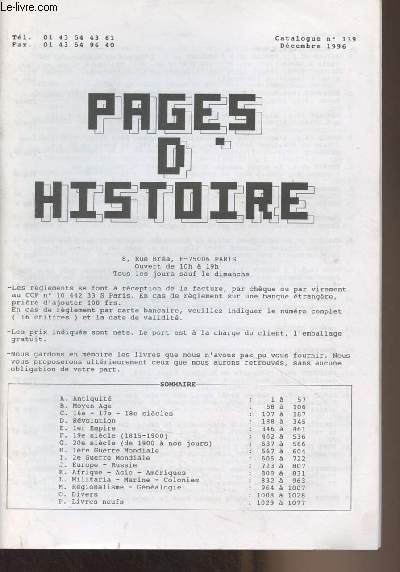 Pages d'histoire - Catalogue n139 Dcembre 1996