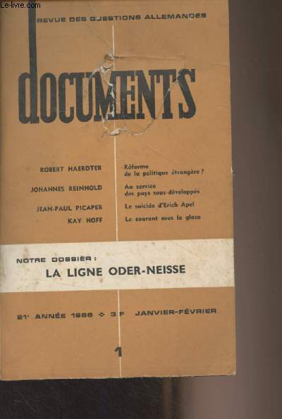 Documents, revue des questions allemandes - 21e anne 1966 - Janv. fv. n1 -