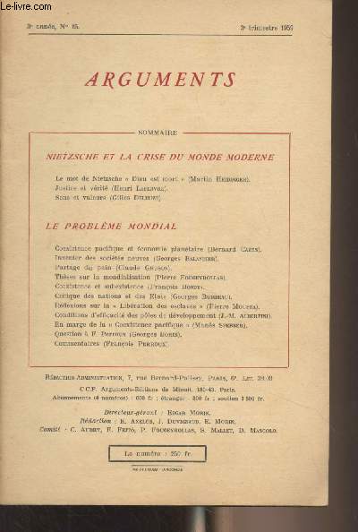Arguments - 3e anne, n15 - 3e trim. 1959 - Nietzsche et la crise du monde moderne - Le mot de Nietzsche 