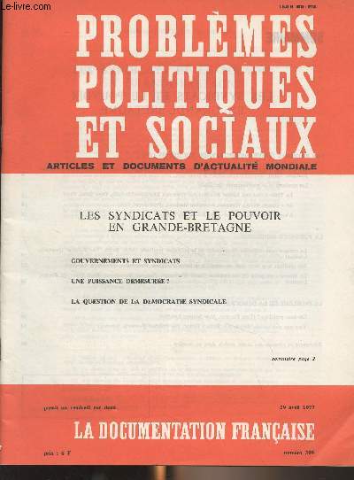Problmes politiques et sociaux - n309 - 29 avril 1977 - Les syndicats et le pouvoir en Grande-Bretagne - Les rapports gouvernements-syndicats depuis 1970 - Les syndicats face au gouvernement conservateur (1970-1974) - Les syndicats et le gouvernement tr