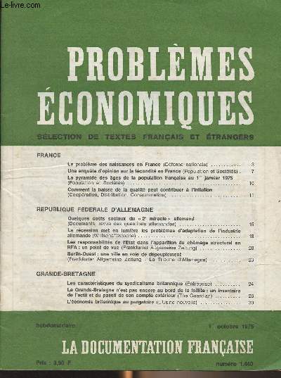 Problmes conomiques, slection de textes franais et trangers - N1440 1er octobre 1975 - France : Le problme des naissances en France - Une enqute d'opinion sur la fcondit en France - La pyramide des ges de la population franaise au 1er janvier