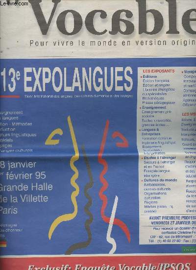 Vocable - Supplment Explolangues 12-13-19 janvier 1995 - Plan du salon - Guide du visiteur - Programme des confrences - Programme des animations - Etat des langues en France - Gros plan sur l'Allemagne - Slection des nouveauts et oprations spciales