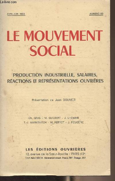 Le mouvement social - N63 Avril juin 1968 - Production industrielle, salaires, ractions et reprsentations ouvrires - Les cycles industriels en France - Le pouvoir d'achat de l'ouvrier franais au cours d'un sicle : 1840-1940 - Remarques sur l'histoir