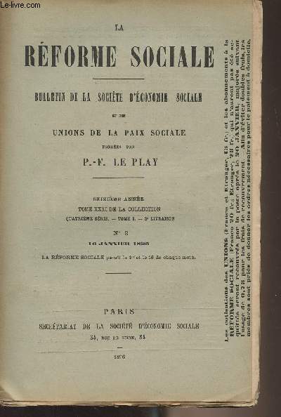 La Rforme Sociale, bulletin de la socit d'conomie sociale et des unions de la paix sociale - 16e anne, Tome XXXI de la collection - 4e srie - Tome I 2e livraison N2 16 janvier 1896 - L'histoire sociale - Les partages d'ascendants au point de vue fi