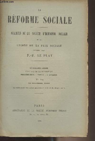 La Rforme Sociale, bulletin de la socit d'conomie sociale et des unions de la paix sociale - 15e anne, Tome XXX de la collection - 3e srie - Tome X 8e livraison N114 16 octobre 1895 - Les contradictions fiscales - La question agraire en Angleterre