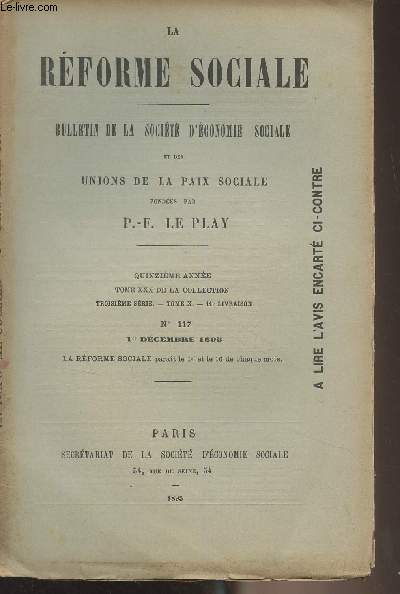 La Rforme Sociale, bulletin de la socit d'conomie sociale et des unions de la paix sociale - 15e anne, Tome XXX de la collection - 3e srie - Tome X 11e livraison N117 1er dcembre 1895 - Mes souvenirs sur Claudio Jannet (premier article) - 