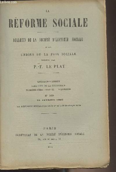 La Rforme Sociale, bulletin de la socit d'conomie sociale et des unions de la paix sociale - 15e anne, Tome XXIX de la collection - 3e srie - Tome IX 4e livraison N100 16 fvrier 1895 - Comit de dfense et de progrs social : allocution de M. Geor