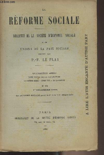 La Rforme Sociale, bulletin de la socit d'conomie sociale et des nions de la paix sociale - 14e anne, Tome XXVIII de la collection - 3e srie - Tome VIII 11e livraison N95 1er dcembre 1894 - Claudio Jannet - Les populations du Sahara de Constantine