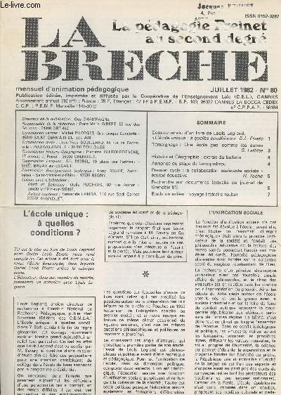 La Brche, La pdagogie Freinet au second degr - N80 juillet 1982 - Compte rendu d'un livre de Louis Legrand, 