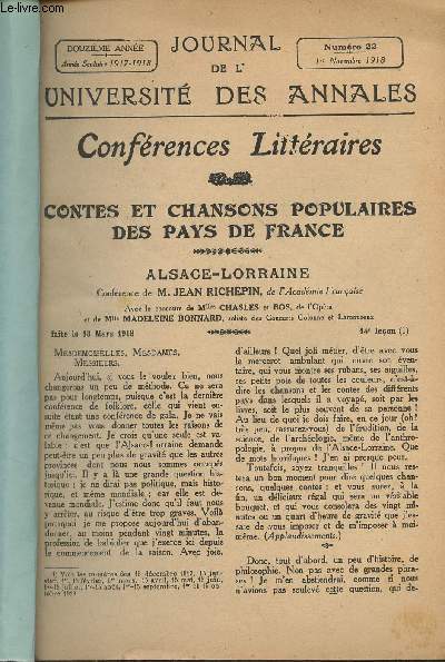 Journal de l'universit des annales - 12e anne - n22 - 1er novembre 1918 - Confrences littraires : Contes et chansons populaires des pays de France : Alsace-Lorraine, confrence de M. Jean Rechpin, faite le 13 mars 1918 - Berceuse pour petites filles