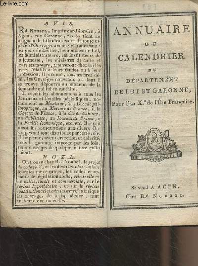 Annuaire ou calendrier du dpartement de Lot et Garonne pour l'an Xe de l'Ere Franaise