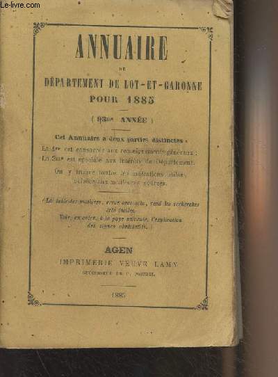 Annuaire du dpartement de Lot-et-Garonne pour 1885 - Bisextile (93e anne)