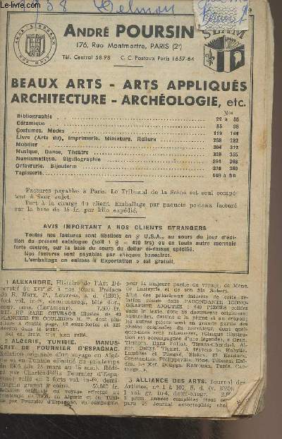 Catalogue Librairie Andr Poursin - Beaux arts, arts appliqus, architecture, archologie