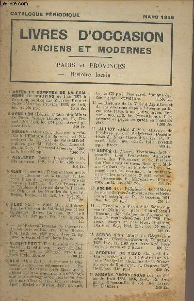 Catalogue Librairie Saint-Louis - Mars 1955 - Livres d'occasion anciens et modernes, Paris et Provinces, histoire locale