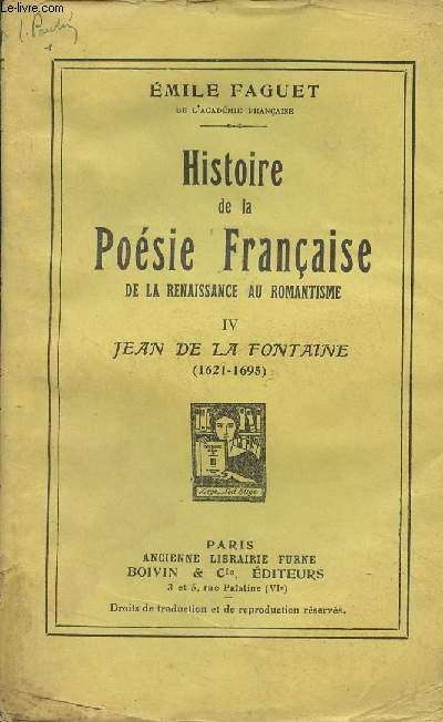 Histoire de la Posie Franaise de la Renaissance au Romantisme - VI - Jean de la Fontaine (1621-1695)