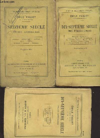 Lot de 3 livres : Seizime sicle, Dix-septime sicle et dix-neuvime sicle - Etudes littraires - Nouvelle bibliothque littraire