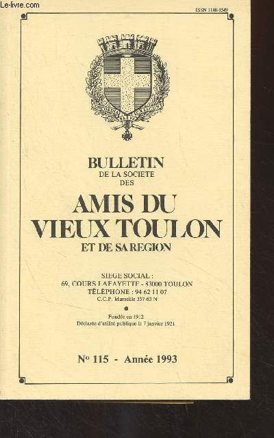 Bulletin de la socit des Amis du Vieux Toulon et de sa rgion, n115 Anne 1993 - Etudes consacres au souvenir des vnements de 1793  Toulon : Notes bibliographiques - Jean-Louis Barrallier (1751-1834) - 