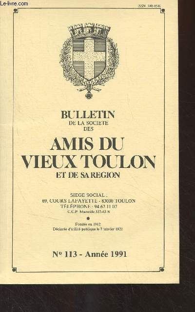 Bulletin de la socit des Amis du Vieux Toulon et de sa rgion, n113 Anne 1991 - Le 