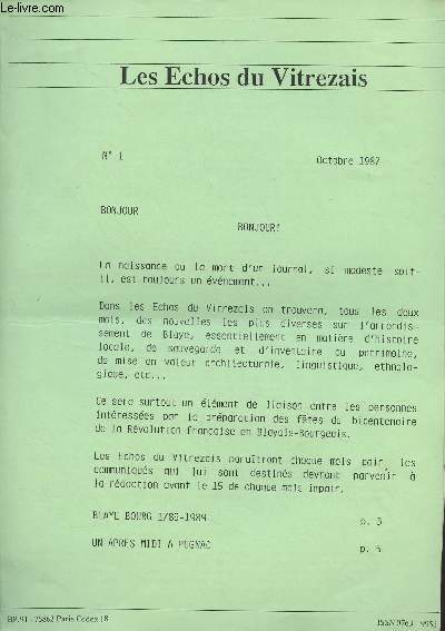 Les Echos du Vitrezais n1 Octobre 1987 - Bonjour bonjour ! - Quelques nouvelles - 1789 Blaye Bourg 1989