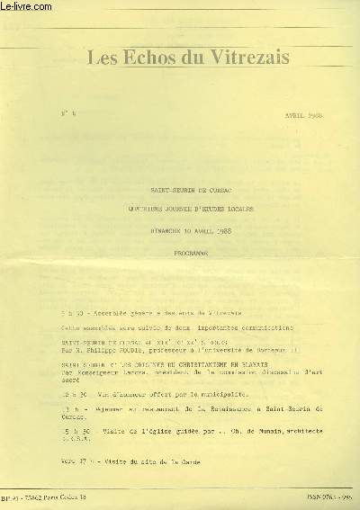 Les Echos du Vitrezais n4 avril 1988 - Saint-Seurin de Cursac, 4e journe d'tudes locales, dimanche 10 avril 1988 - Programme
