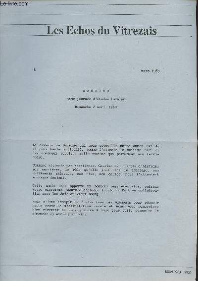 Les Echos du Vitrezais n8 Mars1989 - Gauriac, 5e journe d'tudes locales, dimanche 2 avril 1989 - Programme