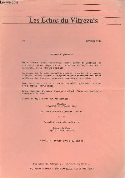 Les Echos du Vitrezais n17 Fv. 1992 - Assemble gnrale - Plassac, dimanche 18 octobre 1992, 8e journe d'tudes locales - Programme
