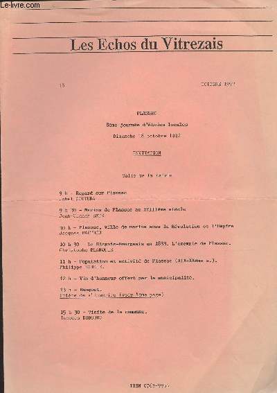 Les Echos du Vitrezais n18 Oct. 1992 - Plassac, dimanche 18 octobre 1992, 8e journe d'tudes locales - Programme