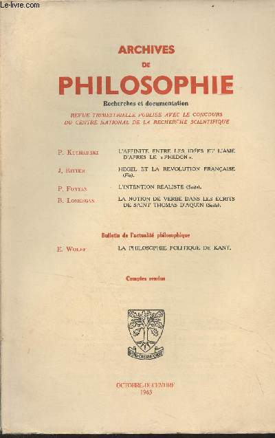 Archives de philosophie, Tome XXVI - Cahier IV - L'affinite entre les ides et l'me d'aprs le 