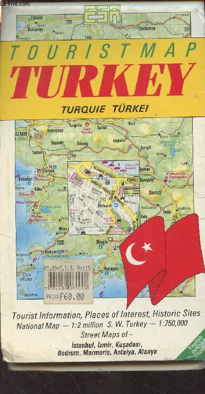 Tourist Map Turkey (Turquie/Trkei) Tourist information, places of interest, historic sites - National Map, 1:2 million S.W. Turkey - 1:750,000