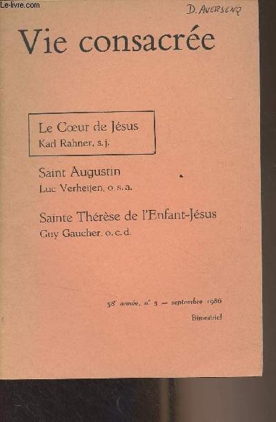 Vie consacre - 58e anne n5 Sept. 1986 - (extrait?) Le culte du coeur de Jsus aujourd'hui par Karl Rahner