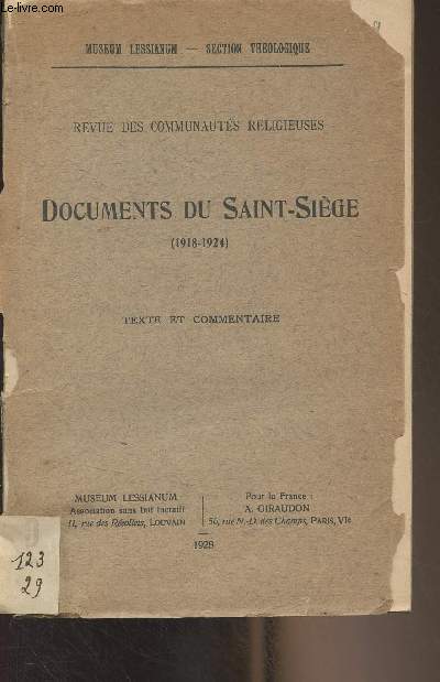 Revue des communauts religieuses : Documents du Saint-Sige (1918-1924) - Texte et commentaire