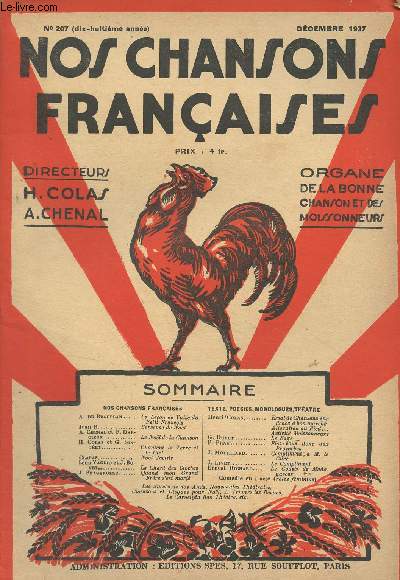 Nos chansons franais - N207, 18e anne - Dc. 1937 - A. de Beauplan : Le leon de Valse du petit Franois - Jean B. : Berceuse de Nol - A. Chenal et F. Darcieux : Le Nol de la chanson - H. Colas et G. Singry : Chantent la terre et le ciel - Clapas :