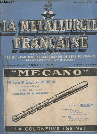 La Mtallurgie Franaise n438 15 aot 1953 - Electricit et gaz de France au-dessus des lois - Calendrier du quincaillier - Cherchons un peu - La situation - Les talages de saison - Notre 27e voyage d'tudes - Questions poses - Entre nous - Ce qu'il f