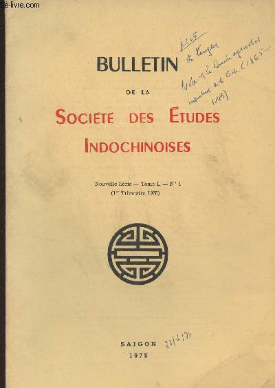 Bulletin de la socit des tudes Indochinoises - Nouvelle srie, Tome L, n1, 1er trim. 1975 - Nouvelle note sur le champ de jarre funraires de Phu-Hoa, avec une remarque sur la crmation au Vietnam - Nouvelles rcoltes d'objects prhistoriques - La pr