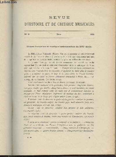 Revue d'histoire et de critique musicales - 1re anne - N3, mars 1901 - Danses franaises et musique instrumentale du XVIe sicle - Louis Laloy : Le genre enharmonique des Grecs (Fin) - Dr. O. Chilesotti : Musiciens franais : Jean-Baptiste Besard et les