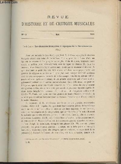 Revue d'histoire et de critique musicales - 1re anne - N5, mai 1901 - Louis Laloy : La chanson franaise  l'poque de la Renaissance (fin) - E. Mercadier : Etudes historiques sur la science musicale (suite) I. XVIIe sicle, Les thories musicales de De