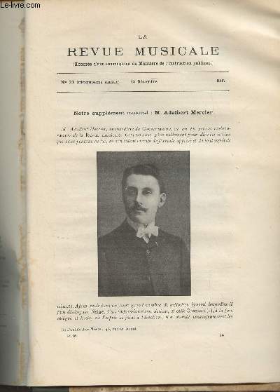 La Revue Musicale - 5e anne - N23, 15 dc. 1905 - Notre supplment musical : M. Adalbert Mercier - Publications nouvelles - Cours du collge de France : La grammaire musicale (Jules Combarieu) - Les concerts - Actes officiels et