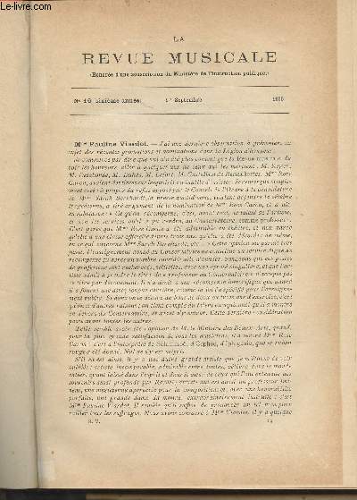 La Revue Musicale - 6e anne - N16, 1er sept. 1906 - Mme Pauline Viardot - Rouverture de l'Opra-Comique - Aux arnes de Bziers (L. Aug de Lassus) - Gaspard Spontini (1774-1851) - Cours du collge de France (Jules Combarieu) -