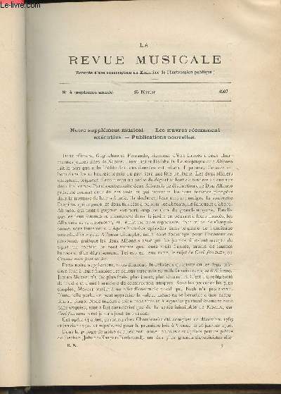 La Revue Musicale - 7e anne - N4, 15 fv. 1907 - Notre supplment musical ; les oeuvres rcemment excutes ; publications nouvelles - La chanson aux XIVe et XVe sicles - Notes sur l'accord de neuvime - Cours du collge de Fra