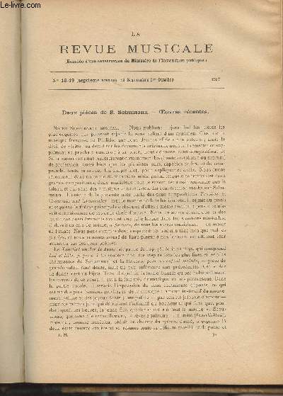 La Revue Musicale - 7e anne - N18-19, 15 sept.-1er oct. 1907 - Deux pices de R. Schumann ; Oeuvres rcentes - Correspondance - Cours du collge de France : organisation des tudes musicales en France au XIXe sicle : le moyen 