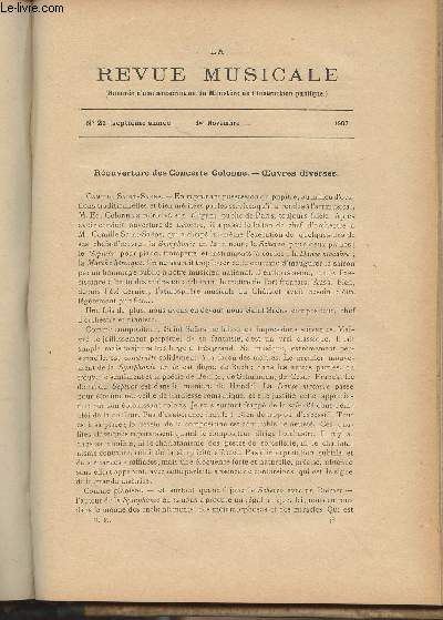 La Revue Musicale - 7e anne - N21, 1er nov. 1907 - Rouverture des concerts colonne ; Oeuvres diverses - La pense musicale - Cours du collge de France : organisation des tudes d'histoire musicale, en france, au XIXe sicle (su