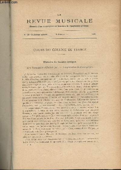 La Revue Musicale- 8e anne - N20, 15 oct. 1908 - Cours du collge de France : Histoire du thtre lyrique (Jules Combarieu) - Publications nouvelles - Pablo de Sarasate - Notes sur les effets du chant magique d'aprs les ancien