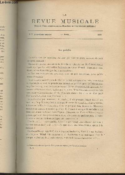 La Revue Musicale - 9e anne - N7, 1er avril 1909 - Le public - Thtres officiels - La fugue - Cours du collge de France - Histoire du thtre lyrique (suite) (Jules Combarieu) - Documents musicaux : Autographes de compositeurs