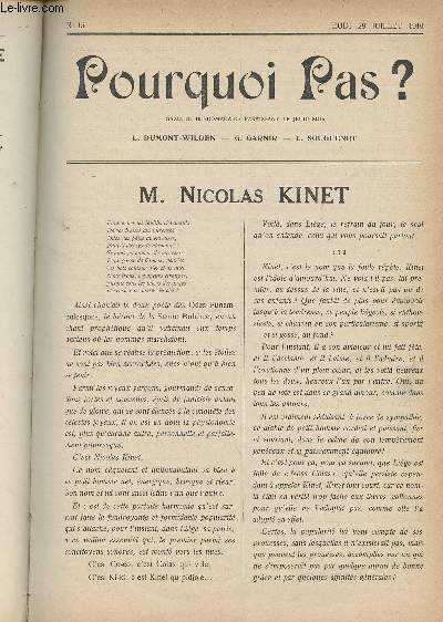 Pourquoi pas ? Gazette hebdomadaire - N15, jeudi 28 juillet 1910 - M. Nicolas Kinet - Le petit pain du jeudi, au vrai Jim Johnson - Une nouvelle cour - Le pourfendeur de melons - Conseil excessivement provincial - En pluiecardie - Appel aux iconoclastes