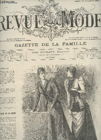 Revue de la Mode, Gazette de la famille - 20e anne n48 Sam. 28 nov. 1891 - Chronique de la mode par Mme Gabrielle d'Eze - Description des toilettes par M. de S. - Choses et autres par Mme G. d'Eze - Chonique londonienne par Decap - Novembre - Etude de c