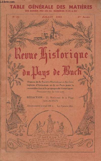 Revue historique du Pays de Buch - n21, juillet 1933 - 6e anne - Tables gnrale des matires des annes 1931-32-33, numros 11-12  20