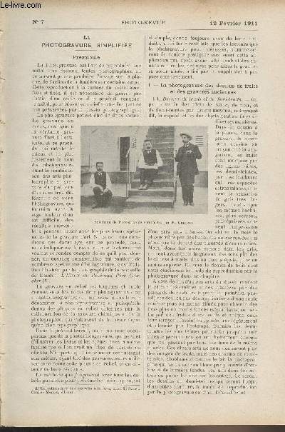 Photo-Revue, journal des amateurs et des photographes - N7, 12 fvrier 1911 - La photogravure simplifie - Mmoires et communication : Chambre  main pour photographies ariennes en cerfs-volants - La stroscopie avec un appareil simple, par pivotem